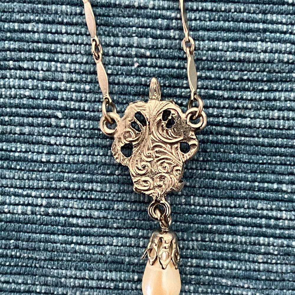 1928 Silver Tone Necklace with Faux Pearl and Marcasite Accents - Picture 5 of 6